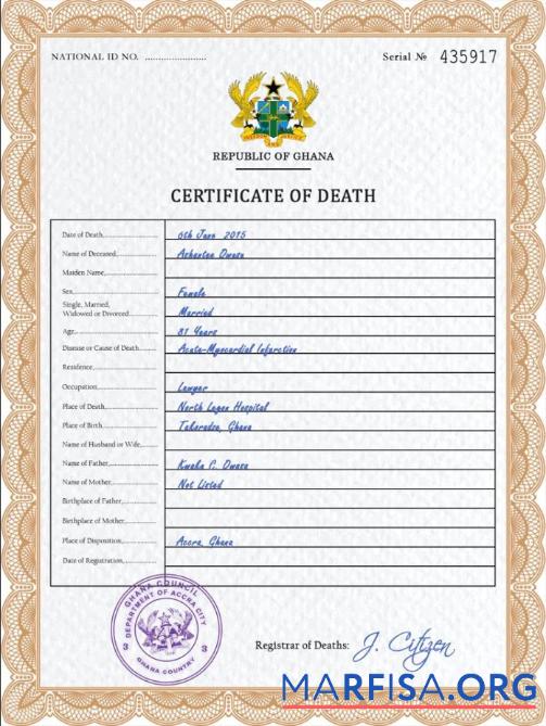 Blank Ghana vital record death certificate PSD template